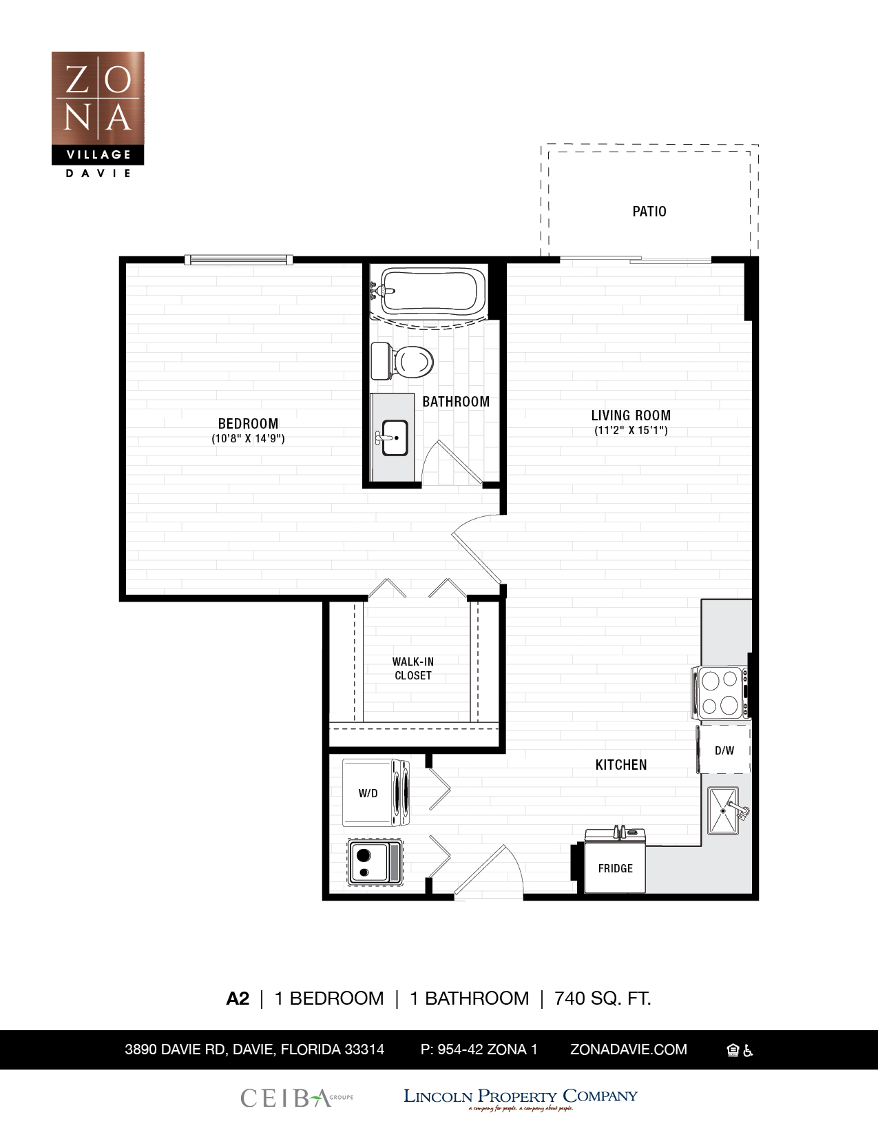 Floor plan for 1 bed, 1 bath, 740 sqft